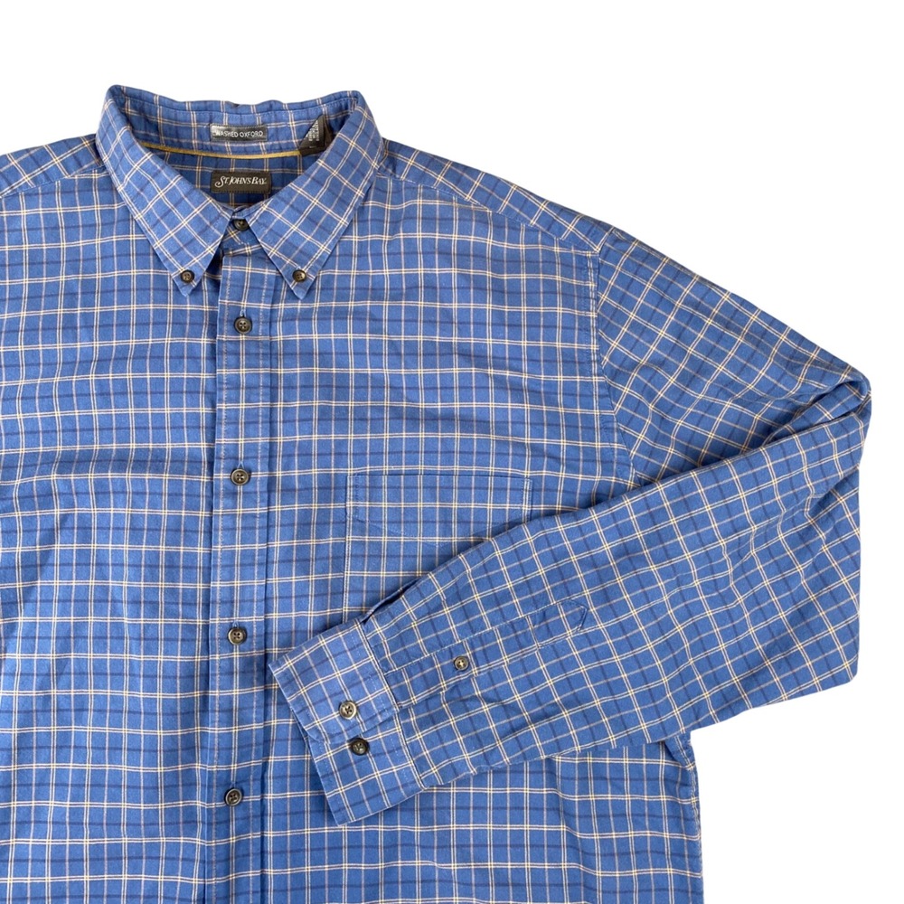 St Johns Bay Mens XLT Y2K Washed Oxford Blue Plaid Cotton Button Down Shirt